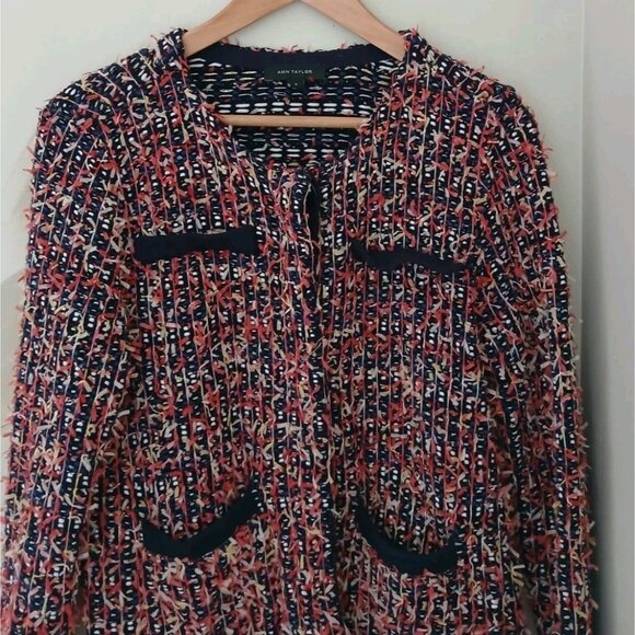 Ann Taylor Fuzzy Tweed Knit Cardigan Jacket Size Medium Blue Pink Academia - Picture 2 of 11